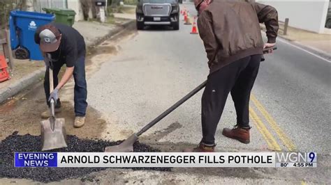 Arnold Schwarzenegger, tired of potholes, fills one himself